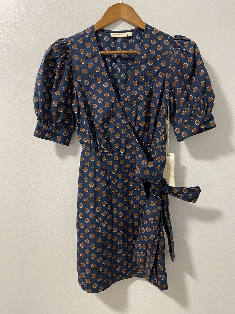 NWT Happy X Nature Polka Dot Wrap VNeck Dress $98 100% Cotton Brown Navy Blue XS
